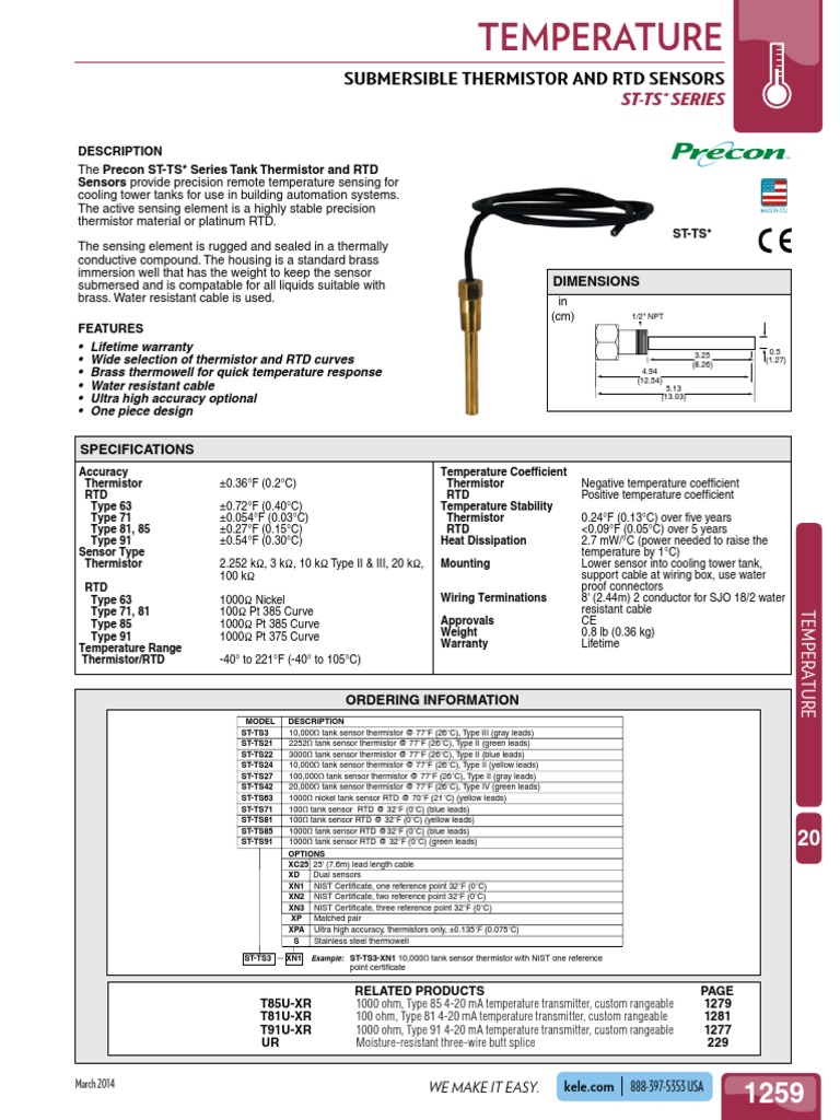 Specification Sheet for the Precon STTS* Series Submersible Thermistor