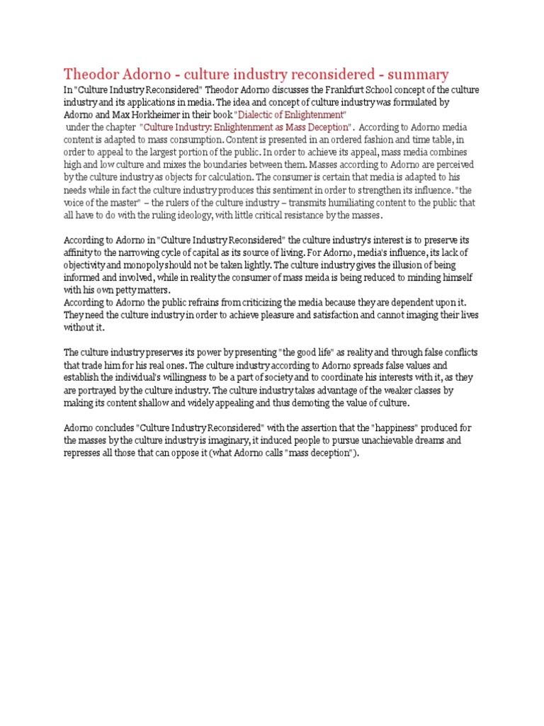 Adorno Culture Industry Reconsidered PDF Theodor W. Adorno