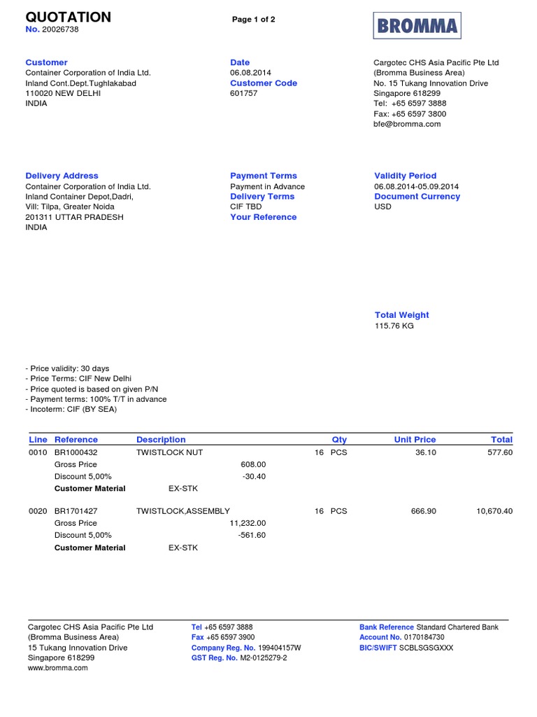 Quotation for Twistlock Parts Delivery | PDF | Finance & Money Management