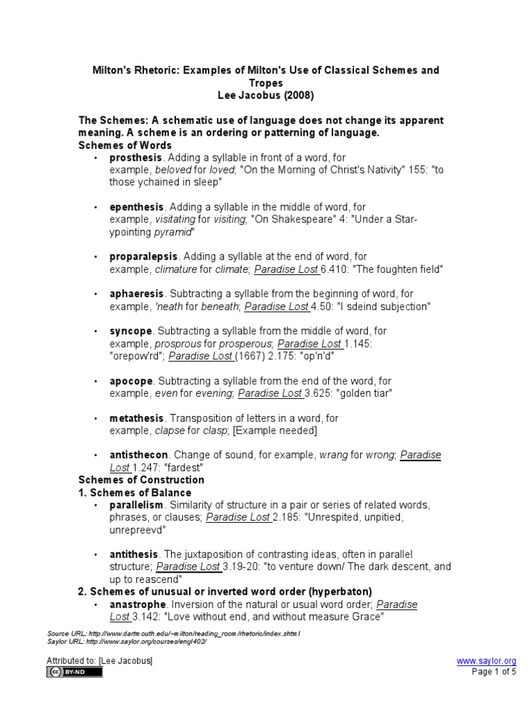 ENGL402 Milton Miltons Rhetoric Examples of Miltons Use of Classical