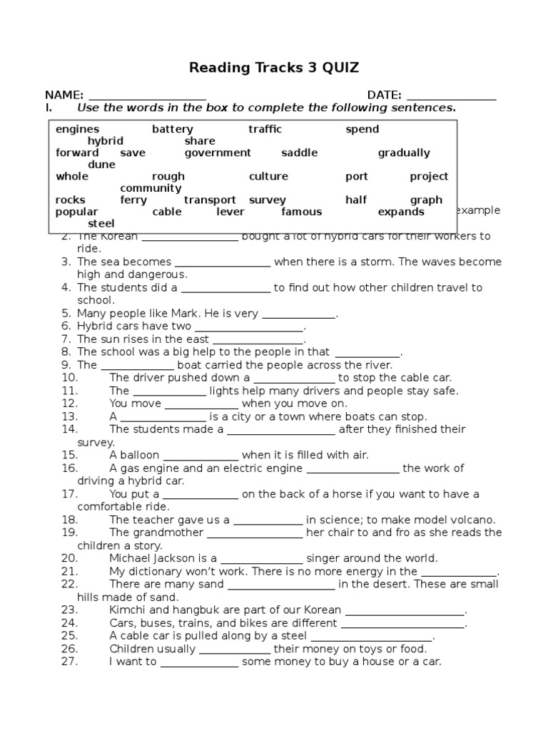 Reading Tracks 3 QUIZ Use The Words in The Box To Complete The