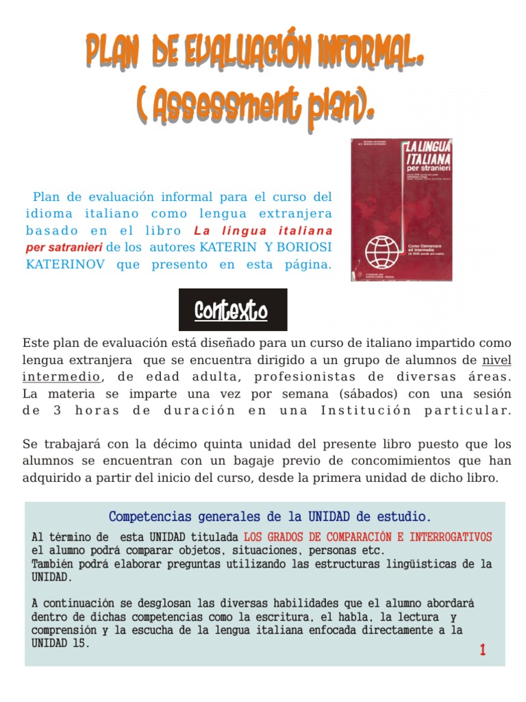 Plan de Evaluación para Curso de Italiano | PDF | Evaluación | Prueba ...