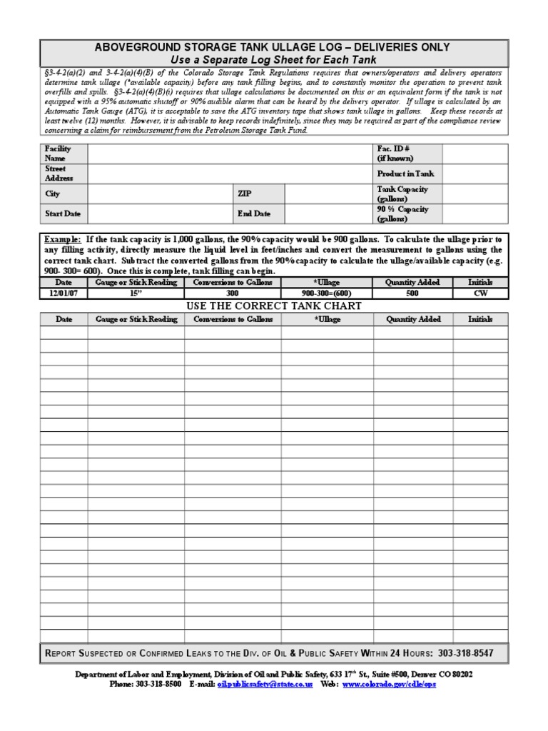 Aboveground Storage Tank Ullage Log - Deliveries Only: Use A Separate ...