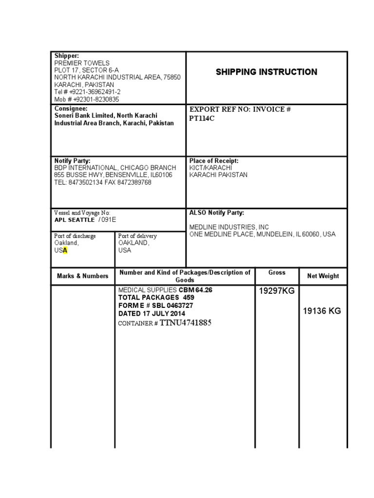 Shipping Instruction: Shipper | PDF