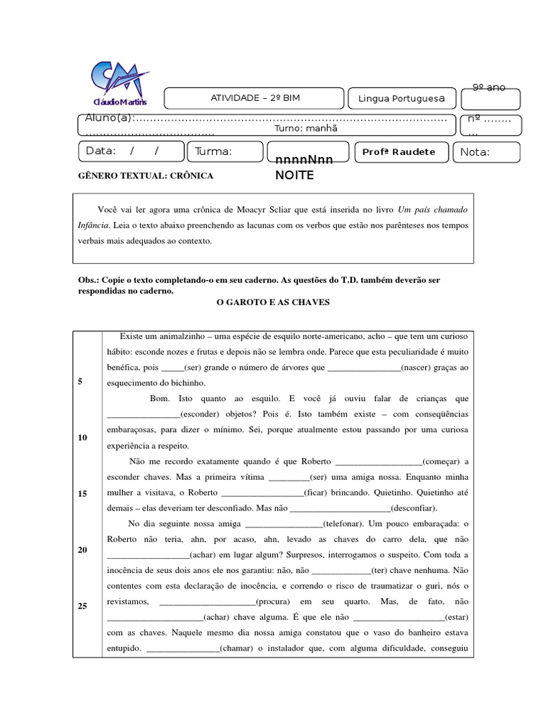 Atividade Gênero Textual Crônica para 9 Ano Dia28!05!14 | PDF