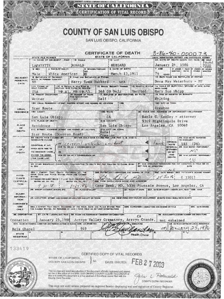 Offiical Death Certificate and SheriffCoroner's Autopsy Report on L