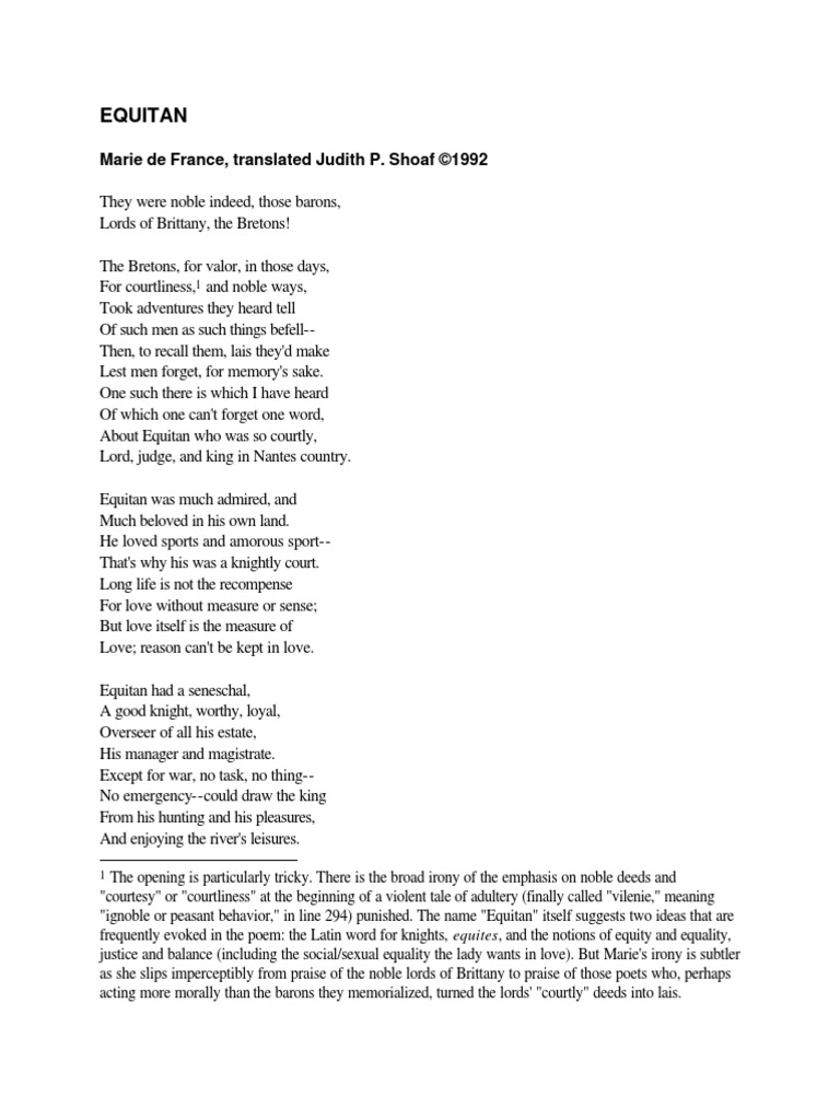 Equitan: Marie de France, Translated Judith P. Shoaf ©1992 | PDF | Poetry