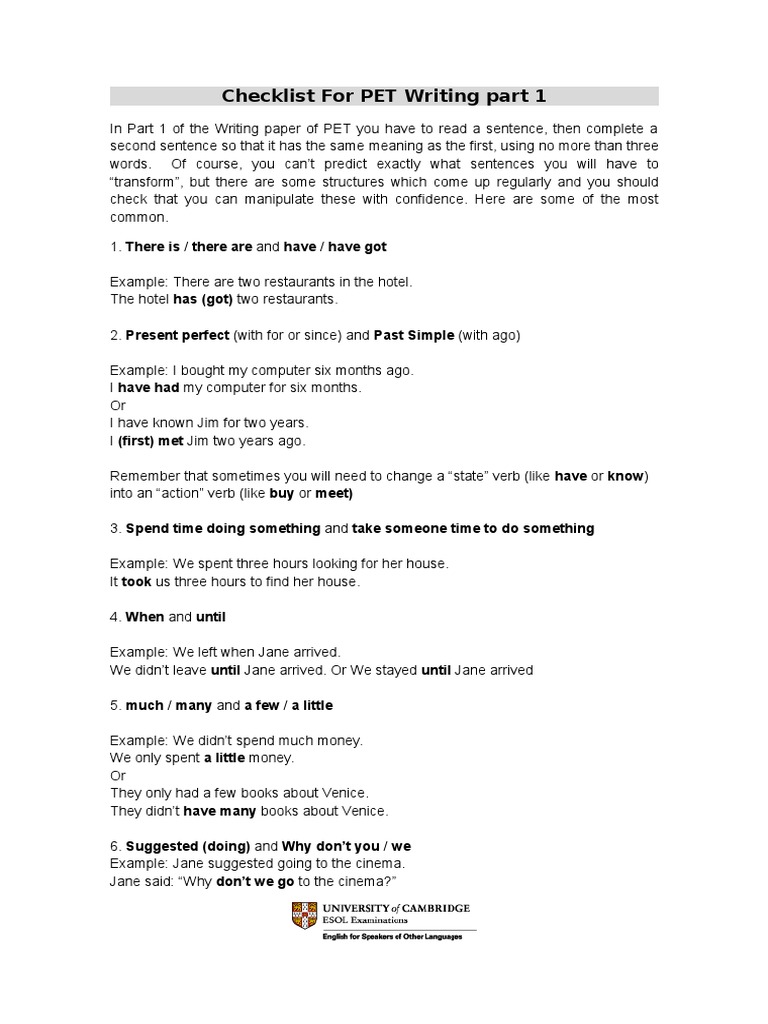 Checklist for PET Writing Part 1 Syntax Rules