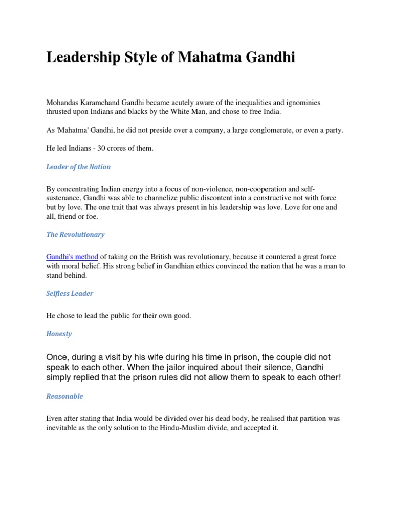 Leadership Style of Mahatma Gandhi | PDF | Social Science