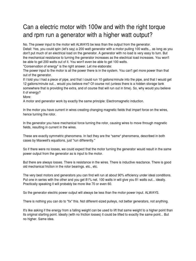 Motor vs Generator Power Output Explained | PDF | Electric Generator ...