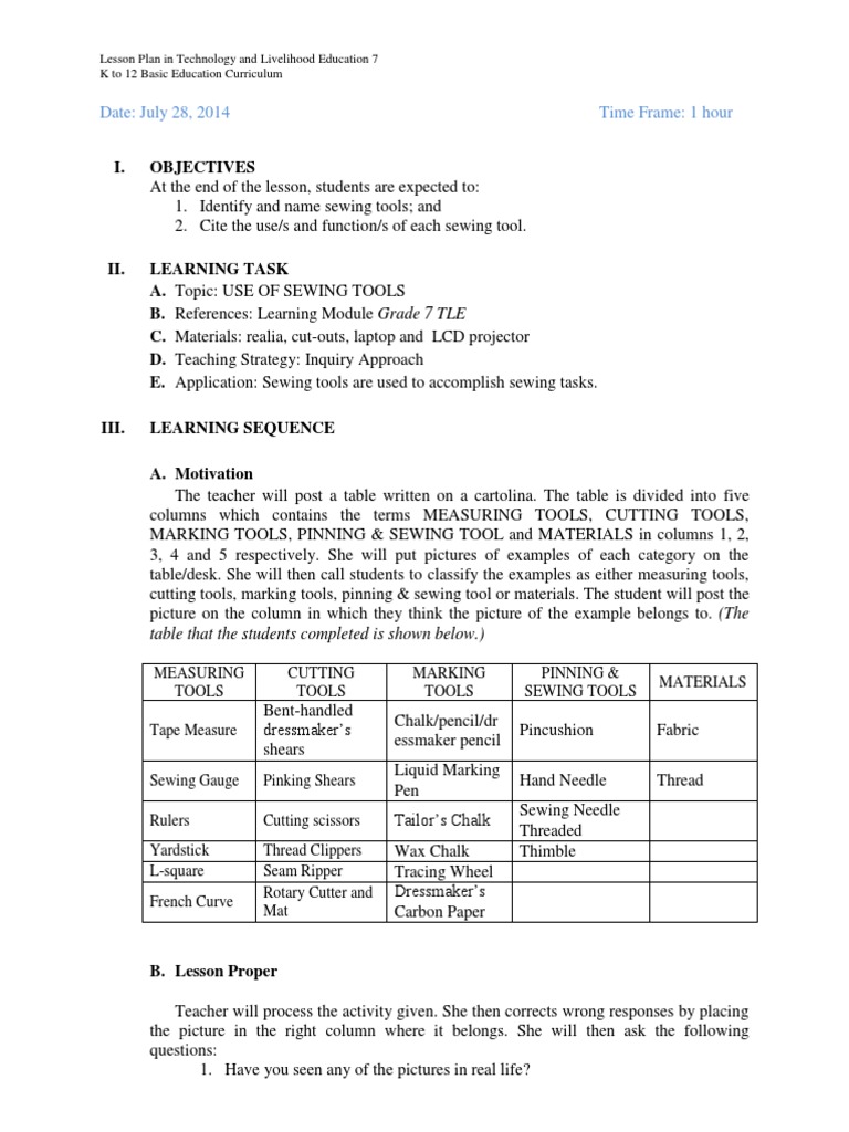 Lesson Plan in TLE 7 Sewing Scissors