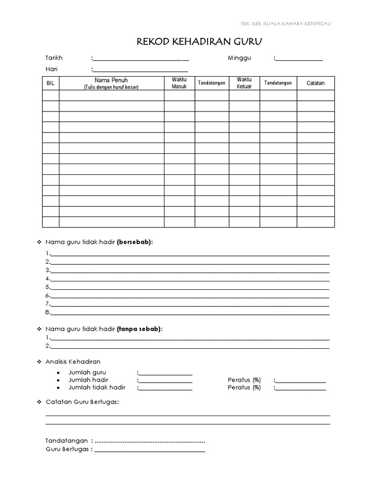 Contoh Borang Rekod Kehadiran Guru Pdf