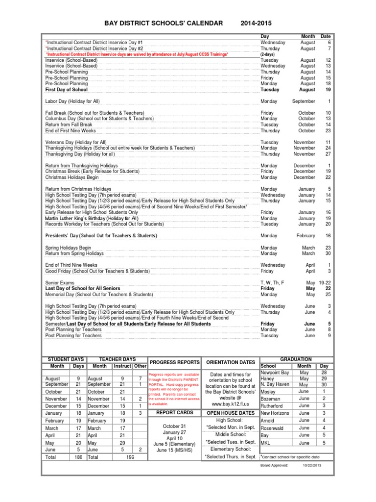 Bay District Schools' Calendar 20142015 PDF Academic Term