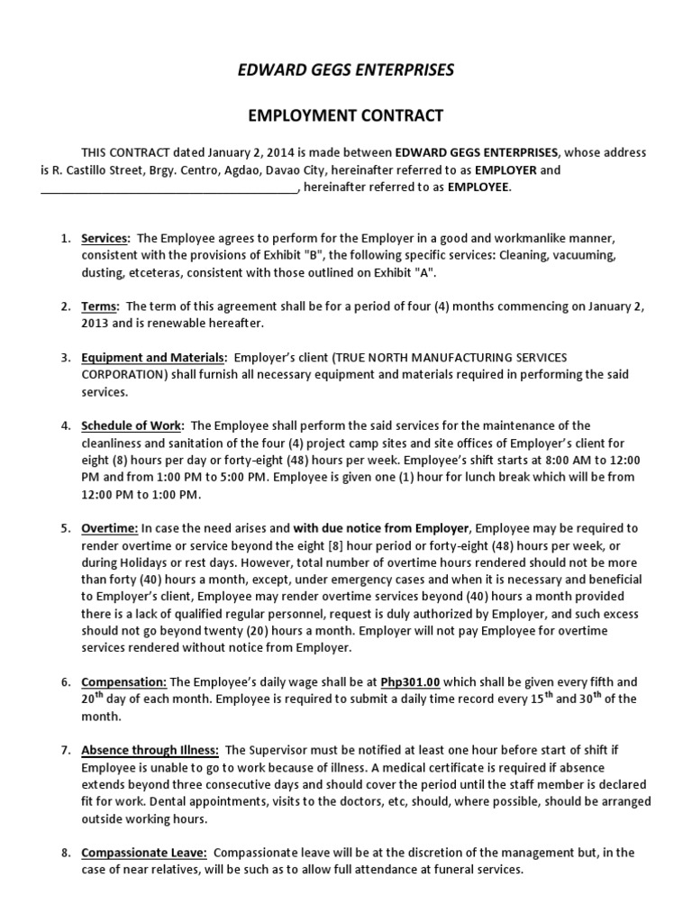 Sample Employment Contract For Janitorial Services Company PDF