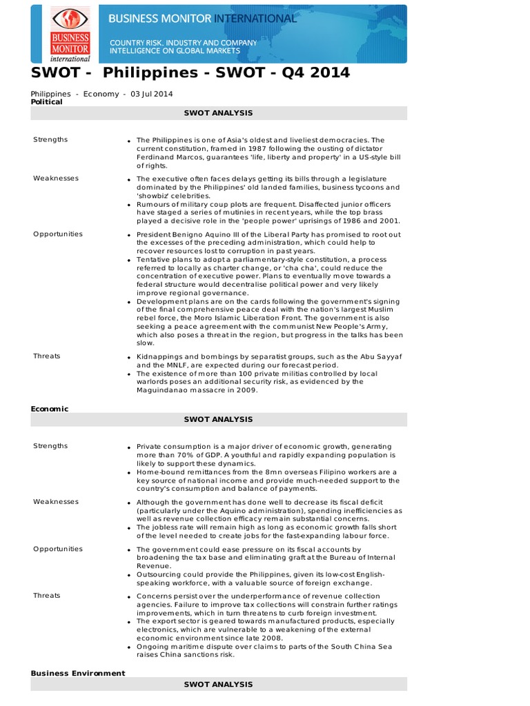 SWOT Analysis Philippines | PDF | Philippines | Free Trade