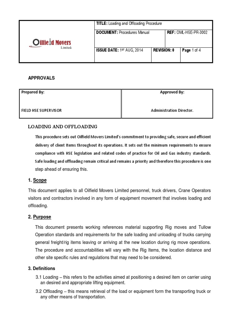 Loading and Offloading Procedure (OML-HSE-PR-3002) DRAFT | PDF | Truck ...