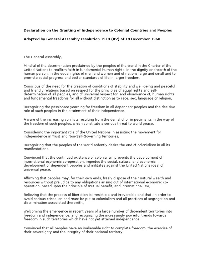 UN General Assembly Resolution 1514 PDF Human Rights Natural And Legal Rights