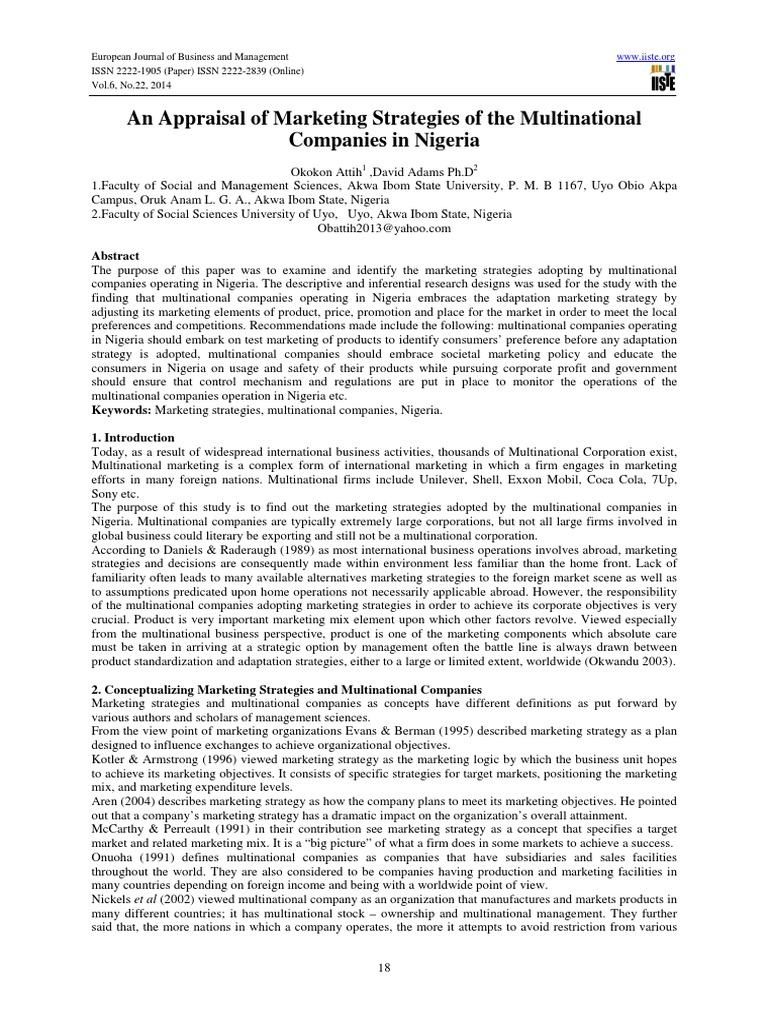 An Appraisal Of Marketing Strategies Of The Multinational - 