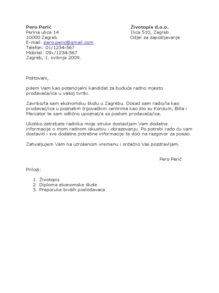 Primjer Otvorena Molba Za Posao | PDF