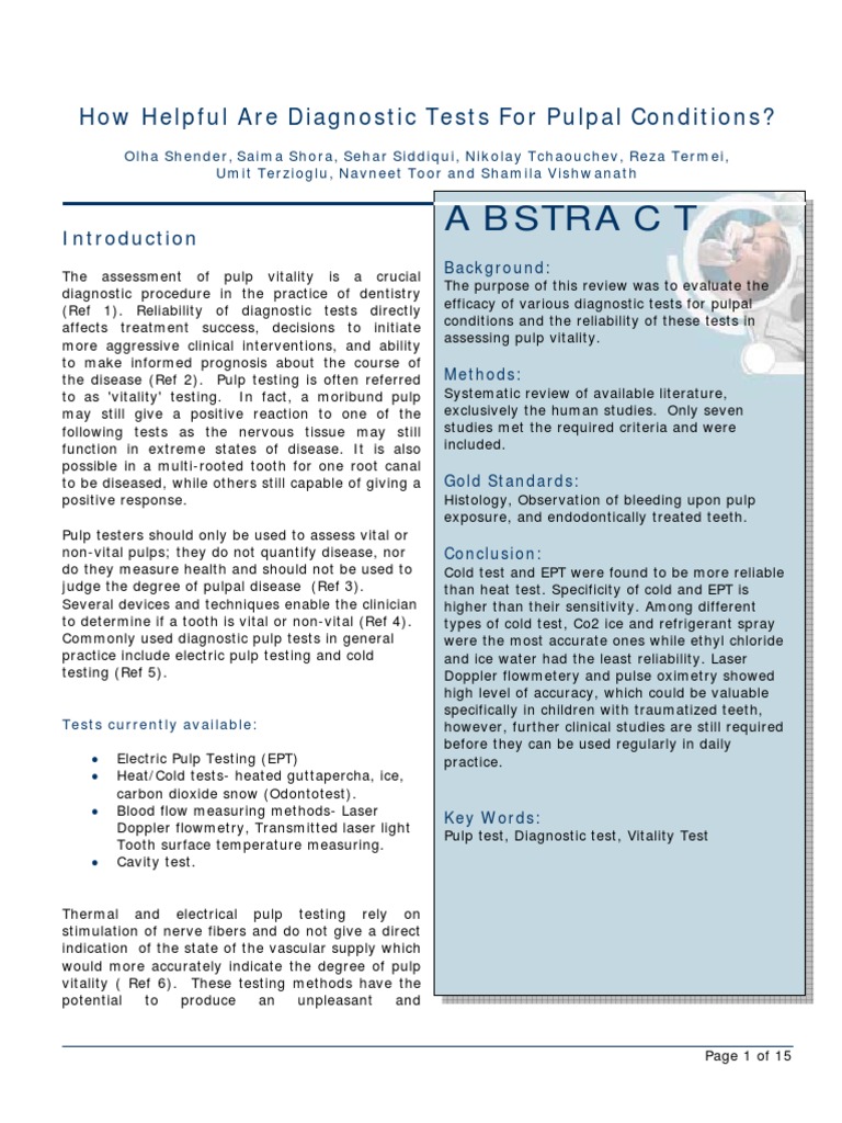 Efficacy of Pulp Vitality Diagnostic Tests | PDF | Self-Improvement ...