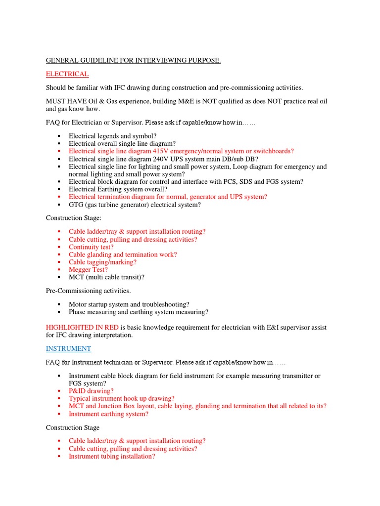 E&I Interview Checklist | PDF | Electrician | Electrical Engineering