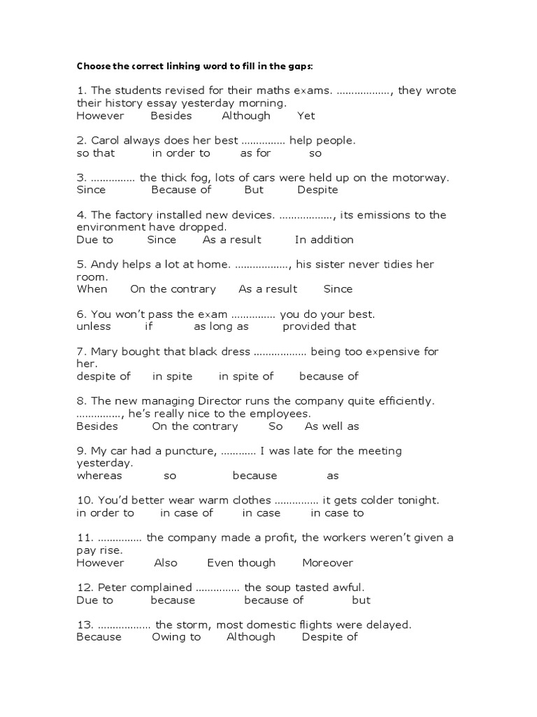 Linking Words Gap-Filling Exercises | PDF