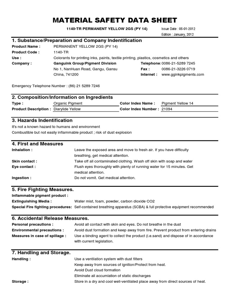 MSDS Pigment Yellow 14 Safety Chemical Substances