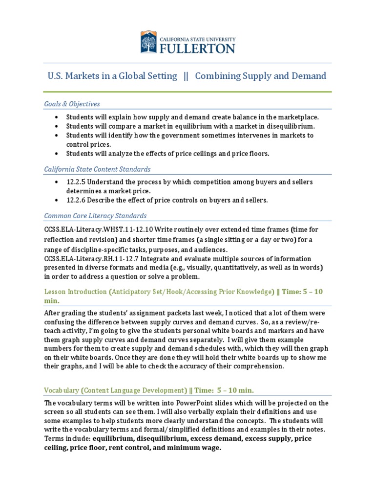 Combining Supply and Demand Lesson PDF Economic Equilibrium