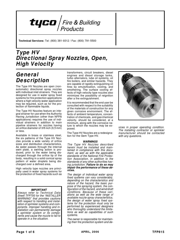 Tyco Type HV Directional Spray Nozzles PDF PDF Fire Sprinkler