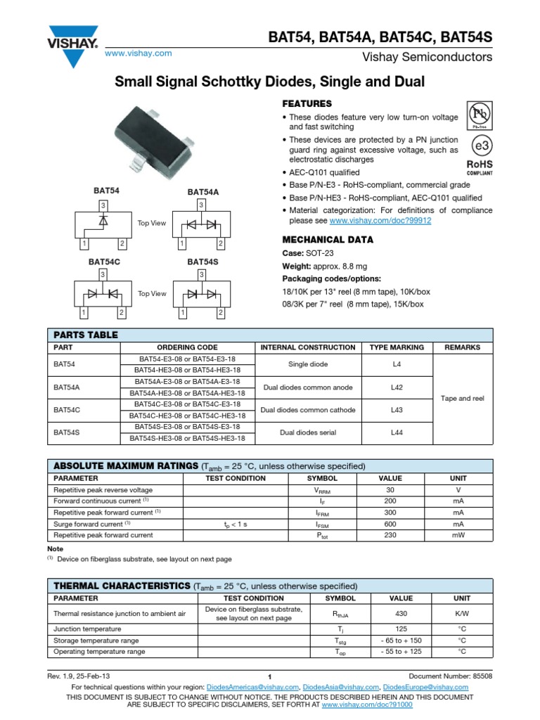 BAT54, BAT54A, BAT54C, BAT54S: Vishay Semiconductors | PDF