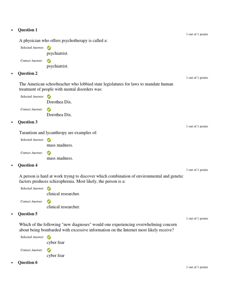 Quiz Answers Major Depressive Disorder Psychiatry