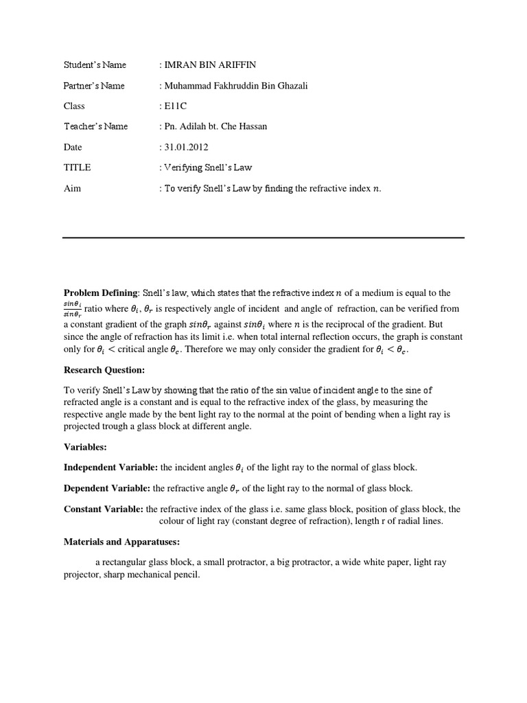 lab report physics Refraction Refractive Index