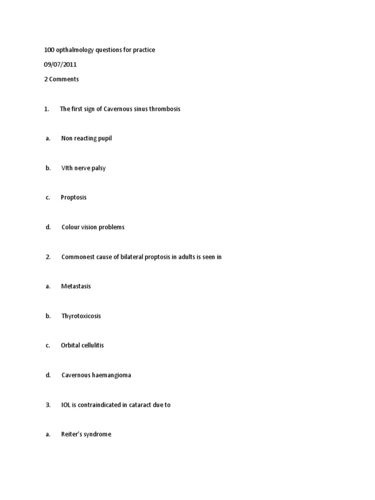100 Ophthalmology Practice Questions | PDF | Glaucoma | Human Eye