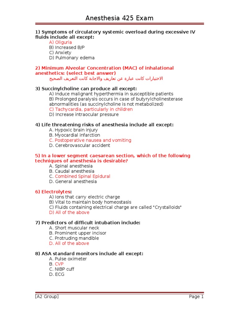 Anesthesia MCQ 425 | PDF | Anesthesia | Medical Specialties