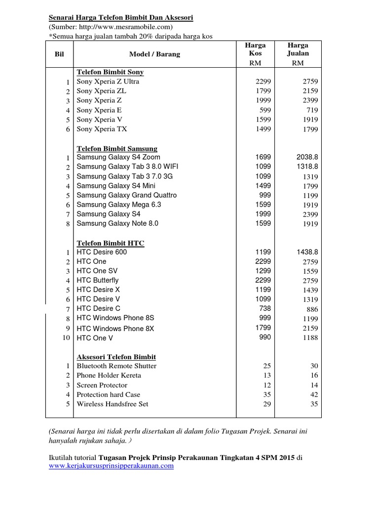 Senarai Harga Telefon Bimbit Dan Aksesori Bagi Folio Tugasan Projek Prinsip Perakaunan Tingkatan 4 Spm 2015 Pdf