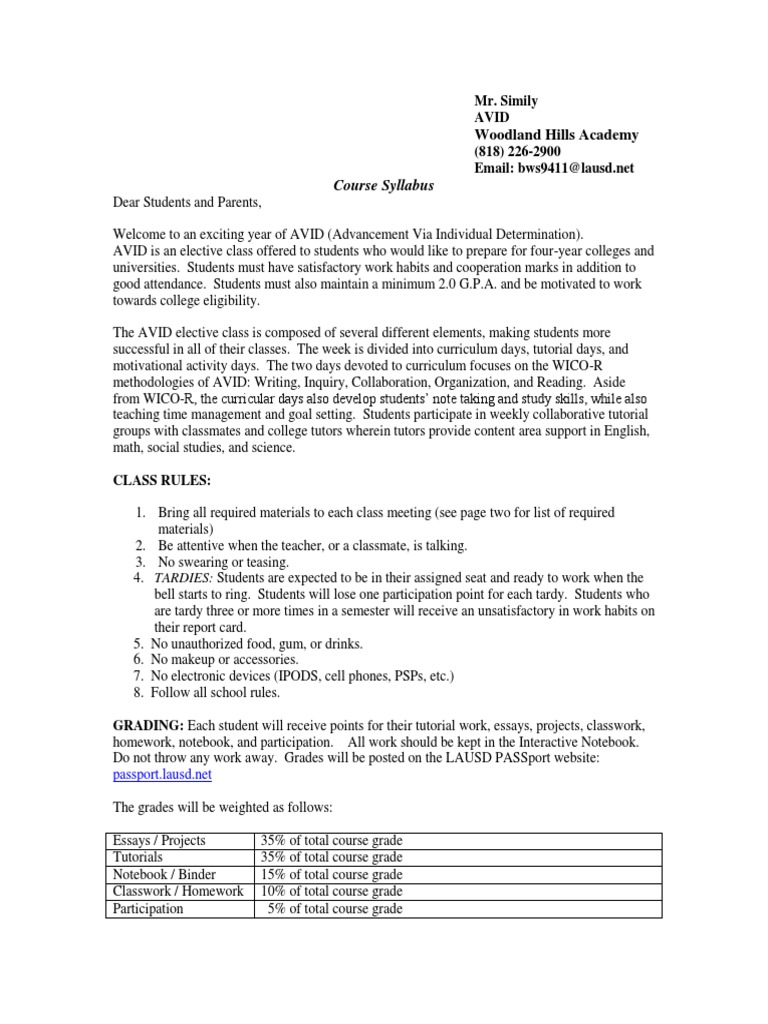 Avid Course Syllabus 2014-15 | PDF | Homework | Curriculum