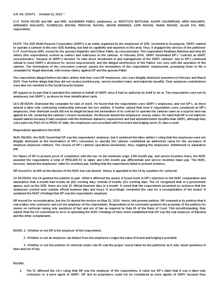 SIP Food House vs. Employees: Labor Case Ruling | PDF | Employment ...