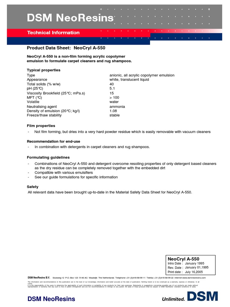 NeoCryl A-550 Pds | PDF | Emulsion | Chemistry