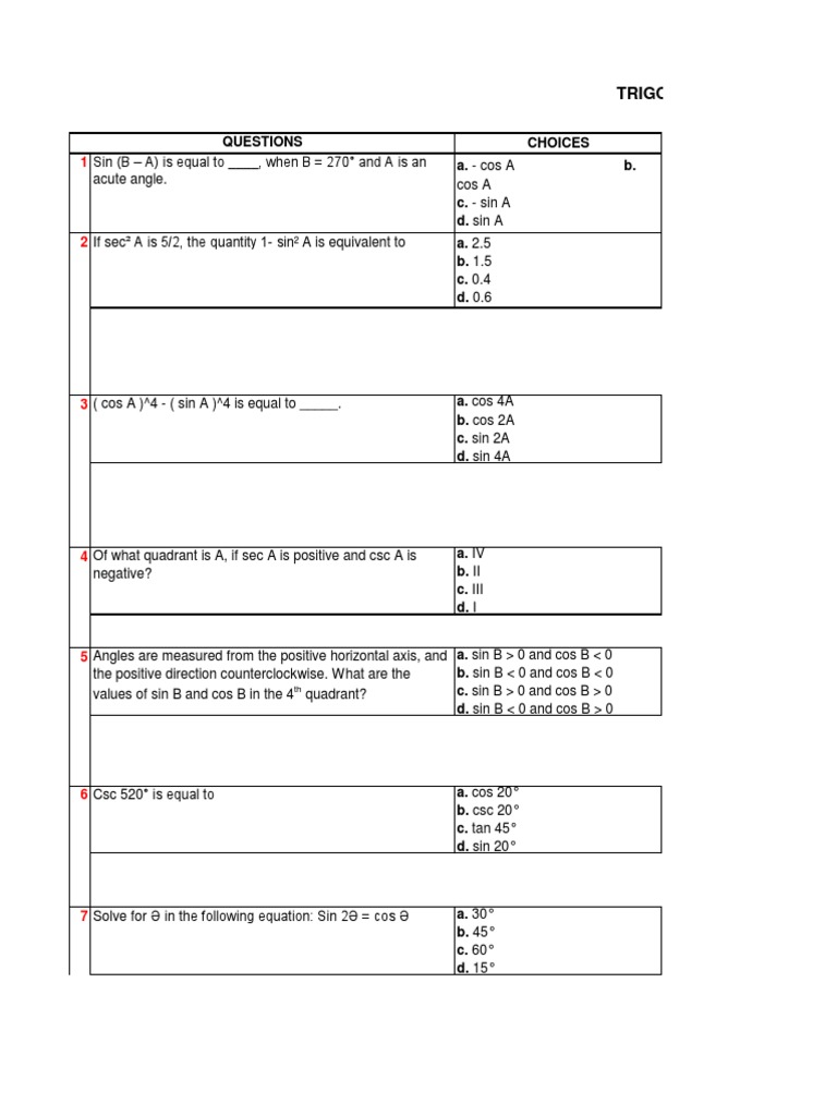 Trigonometry Problem Set and Solutions | PDF | Sine | Trigonometric ...