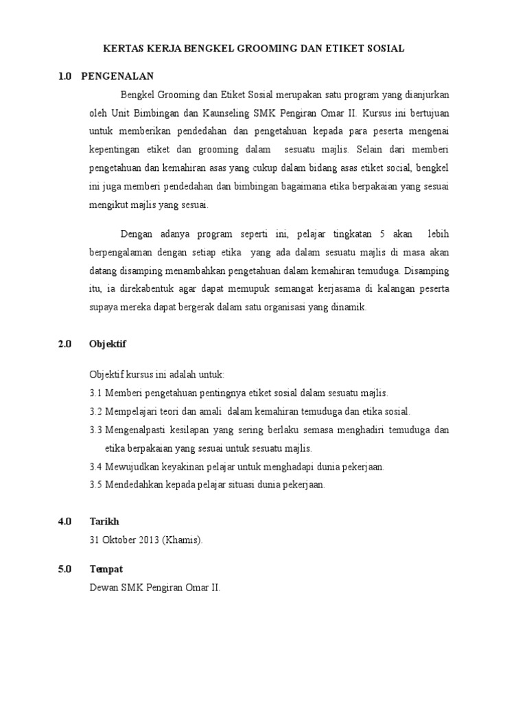 Kertas Kerja Bengkel Grooming Dan Etiket Sosial Pdf
