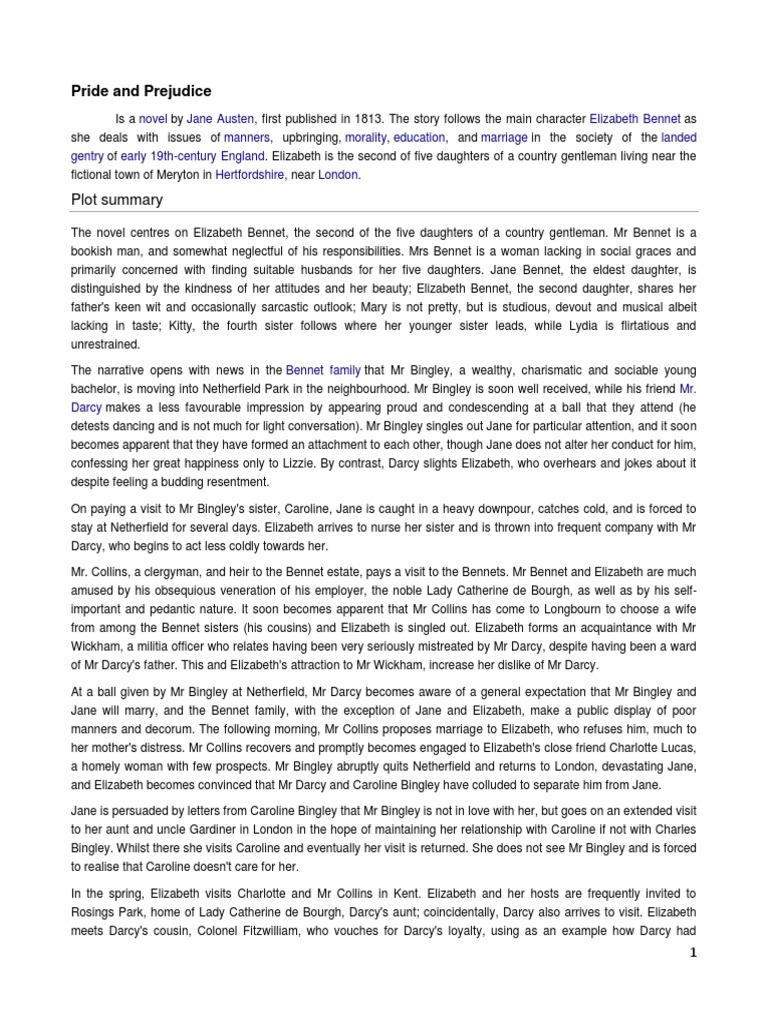 Plot Summary Pride and Prejudice PDF Pride And Prejudice Mr. Darcy