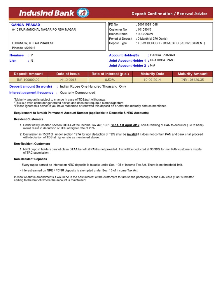 FD Certificate for Ganga Prasad | PDF