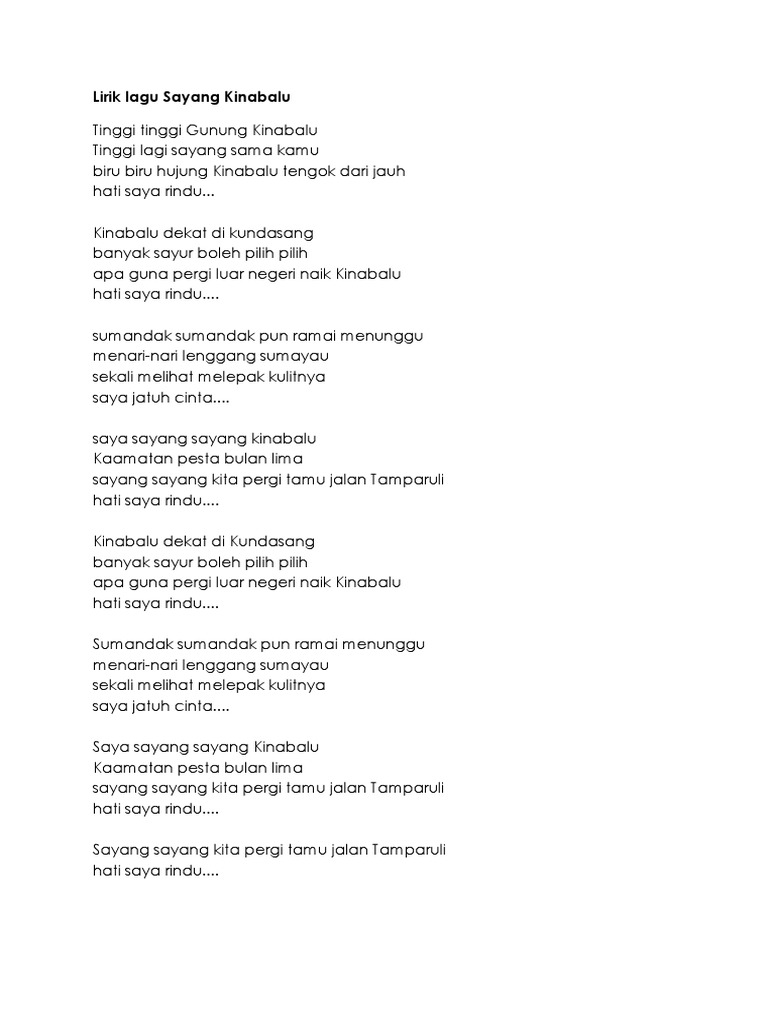 Lirik Lagu Sayang Kinabalu