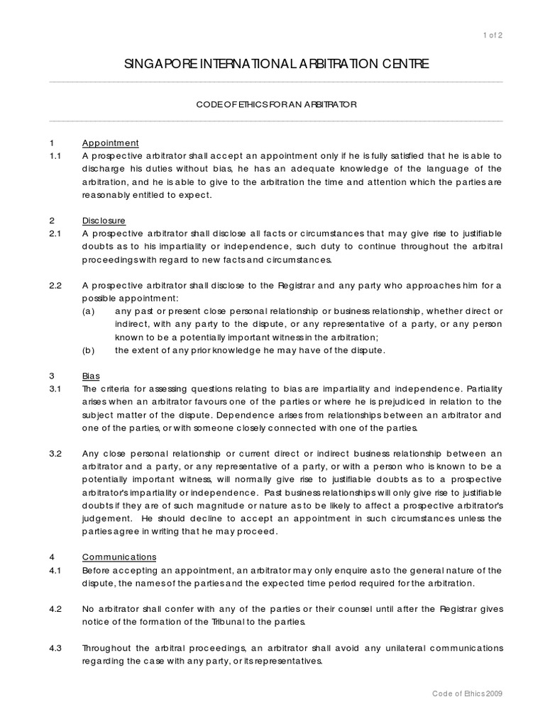 SIAC Code of Ethics for Arbitrators | PDF | Arbitral Tribunal | Arbitration