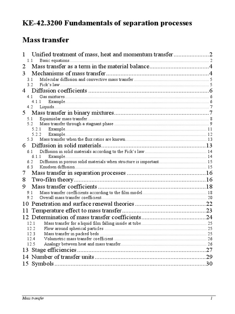 Mass Transfer in Separation Processes | PDF | Diffusion | Mass Transfer