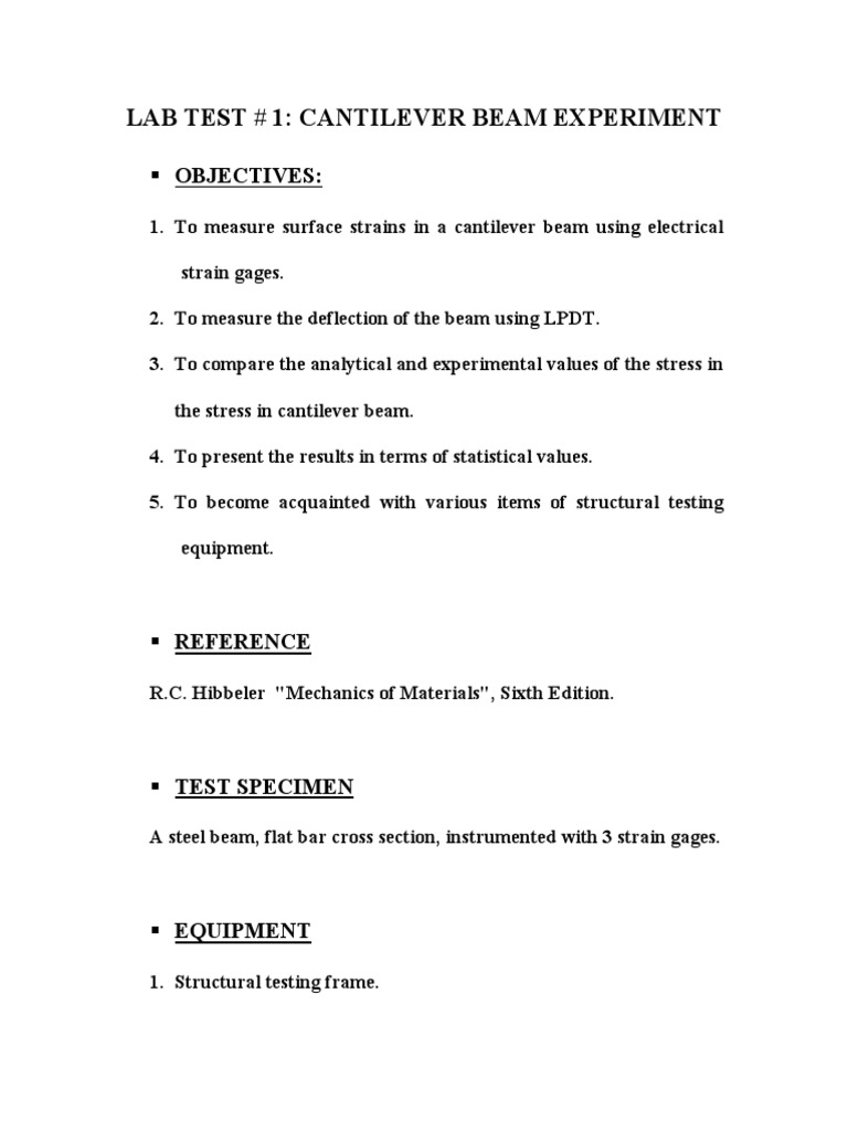 Lab Test # 1: Cantilever Beam Experiment: Objectives | PDF | Beam ...