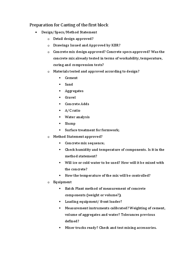 First Block Casting Procedure PDF Concrete Civil Engineering
