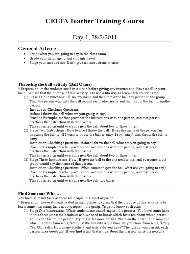 CELTA Teacher Training Activities Guide | PDF | Classroom Management ...