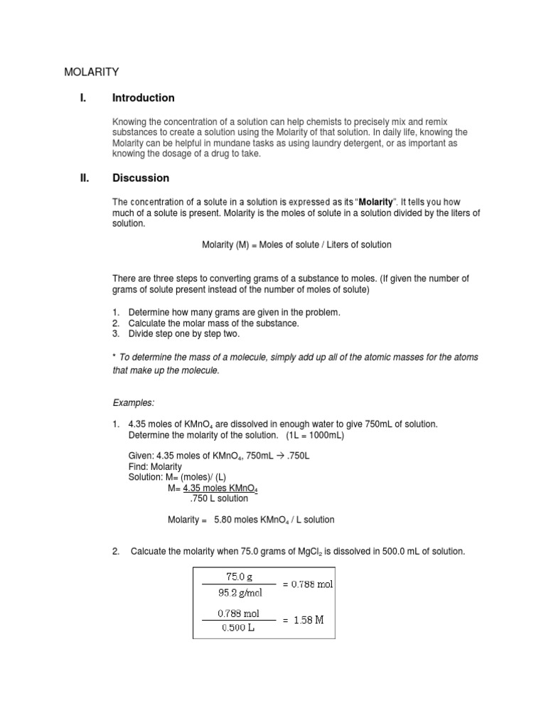 MOLARITY | PDF | Molar Concentration | Mole (Unit)