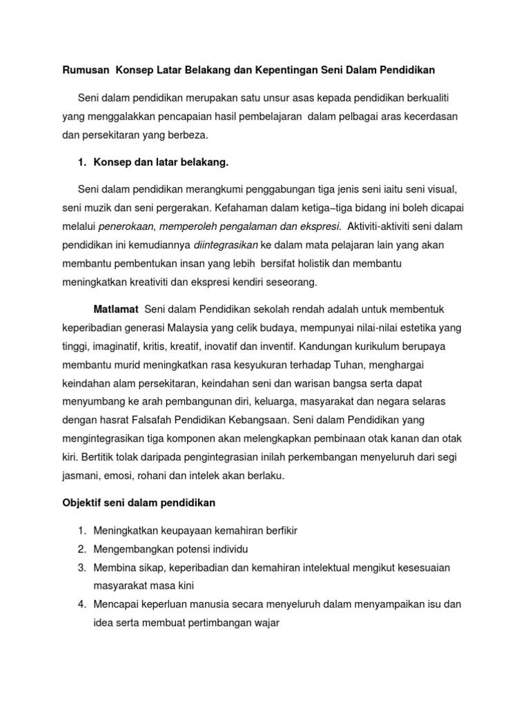 Rumusan Konsep Latar Belakang Dan Kepentingan Seni Dalam Pendidikan Pdf